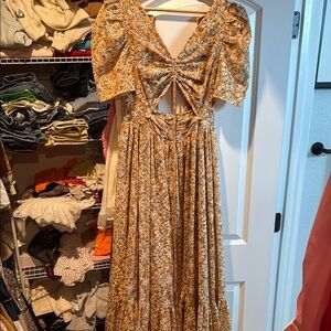 Elliatt Gold Puff Sleeve Sundress for Wedding Guest